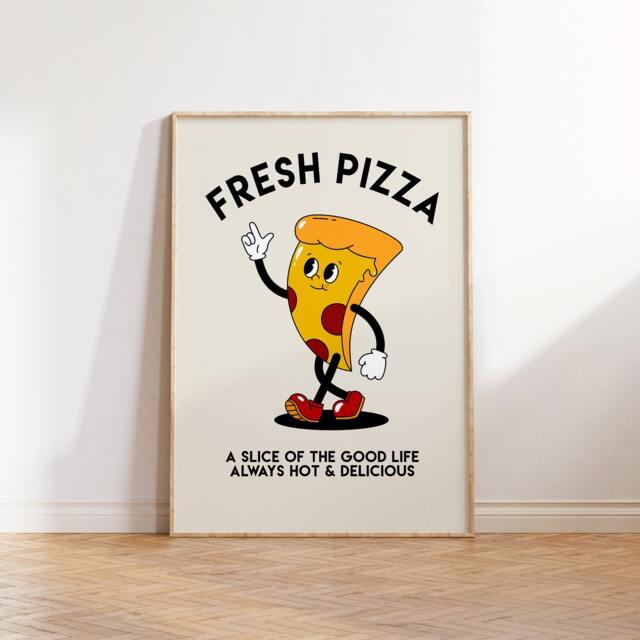 Fresh Pizza Retro Character Print, Fun Kitchen Fast Food, Cartoon Pizza, Funny, Wall Art, Slice Humour Art 2328 - image 1
