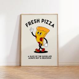 Fresh Pizza Retro Character Print, Fun Kitchen Fast Food, Cartoon Pizza, Funny, Wall Art, Slice Humour Art 2328 - thumbnail 1