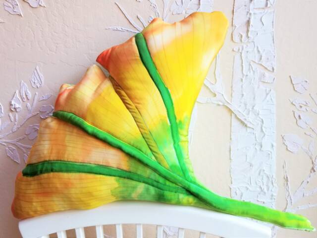 Home Decor Soft Sculpture Hand Painted Silk Throw Pillow Ginkgo Leaf in Gold, Spring Green, Orange - image 1