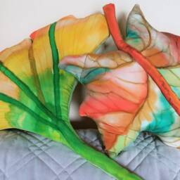 Home Decor Soft Sculpture Hand Painted Silk Throw Pillow Ginkgo Leaf in Gold, Spring Green, Orange - thumbnail 2
