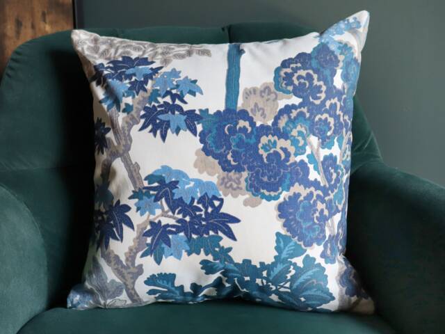 Oriental Trees Blue Cushion, Sofa Cushions, Scatter UK Handmade Country Floral Botanical Cushion - image 1