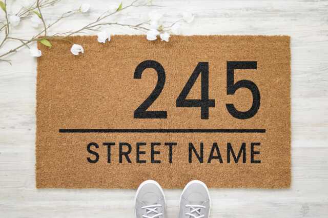 Street Name Number Doormat - Personalised Home Gift Coir Door Mat Decor, Custom Brush Gifts Her/Him, Birthday Wedding Anniversary Style D2 - image 1