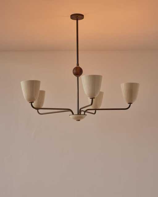 1950S Mid-Century Modern Brass Chandelier - Handmade Wooden Ball 5 Arms Italian Ceiling Pendant Stilnovo Fixture - image 1