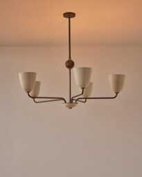1950S Mid-Century Modern Brass Chandelier - Handmade Wooden Ball 5 Arms Italian Ceiling Pendant Stilnovo Fixture - thumbnail 1