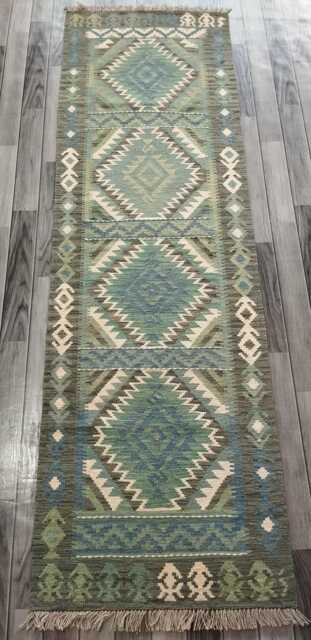 Handmade Turquoise Wool Runner, Artisan Afghan Turkish Persian Qashqai Kilim Moroccan Navajo Flatweave Rug 248x76 cm - image 1