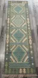 Handmade Turquoise Wool Runner, Artisan Afghan Turkish Persian Qashqai Kilim Moroccan Navajo Flatweave Rug 248x76 cm