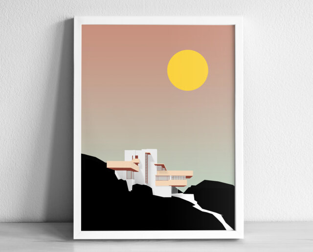 Fallingwater Modern Architecture Art Print - Graphic Illustration Abstract Poster Minimalist Frank Lloyd Wright - image 1