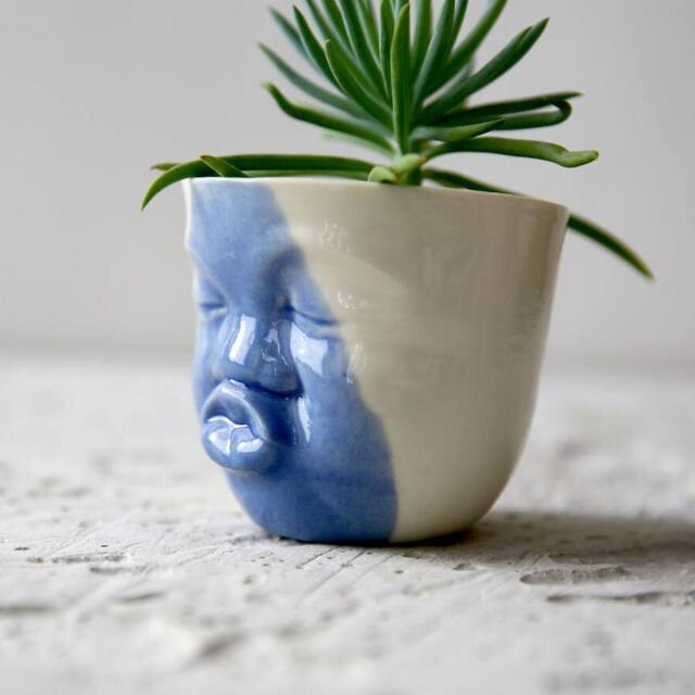 Blue & White Kissing Face Planter, Modern Ceramic Head Vase - image 1