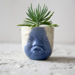 Blue & White Kissing Face Planter, Modern Ceramic Head Vase - thumbnail 2