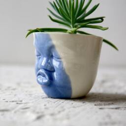 Blue & White Kissing Face Planter, Modern Ceramic Head Vase - thumbnail 1
