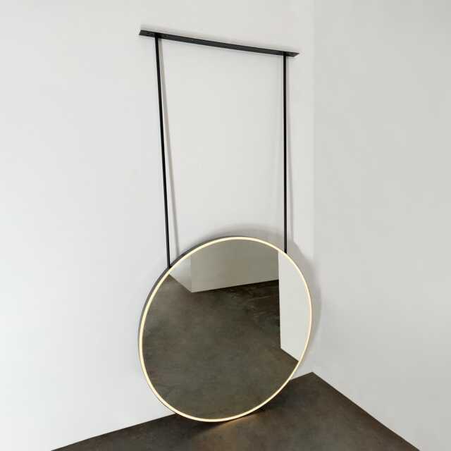 Modern Orbis??? Illuminated Ceiling Suspended Round Mirror With Black Frame - image 1