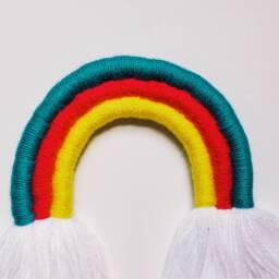 Small Bright Colored Rainbow Fiber Macrame Wall Hanging/Yarn Sculpture Perfect For Nursery - thumbnail 2