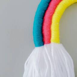 Small Bright Colored Rainbow Fiber Macrame Wall Hanging/Yarn Sculpture Perfect For Nursery - thumbnail 4