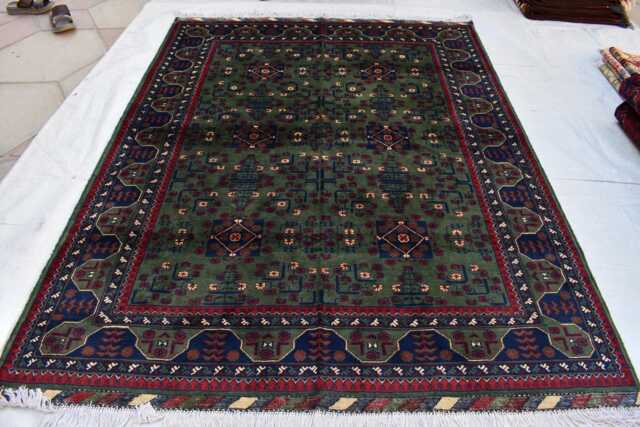 Green Bokhara Handmade Wool Rug - 6.9x5 Ft For Bedroom - image 1