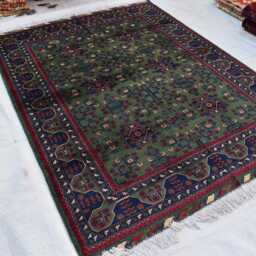 Green Bokhara Handmade Wool Rug - 6.9x5 Ft For Bedroom - thumbnail 2