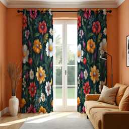 Dark Floral Curtains With Bold Pink Yellow & White Flowers, Custom Botanical Drapes, Vibrant Window Panels For Living Room Or Bedroom