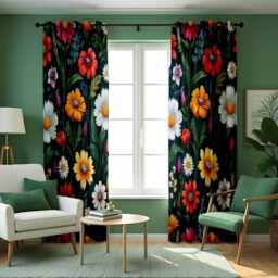 Dark Floral Curtains With Bold Pink Yellow & White Flowers, Custom Botanical Drapes, Vibrant Window Panels For Living Room Or Bedroom - thumbnail 4