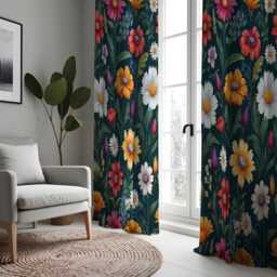 Dark Floral Curtains With Bold Pink Yellow & White Flowers, Custom Botanical Drapes, Vibrant Window Panels For Living Room Or Bedroom - thumbnail 2