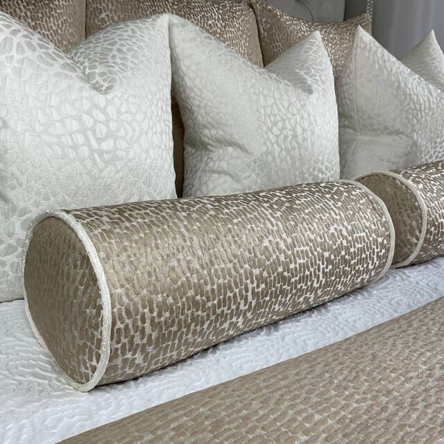 Antelope Luxury Textured Bolster, Champagne Gold Duck Feather Cushion Included Contrasting Ivory Piping Designer Fabric High Quality - image 1