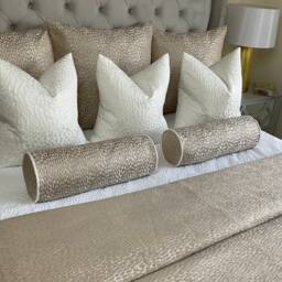 Antelope Luxury Textured Bolster, Champagne Gold Duck Feather Cushion Included Contrasting Ivory Piping Designer Fabric High Quality - thumbnail 4