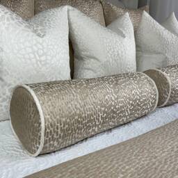 Antelope Luxury Textured Bolster, Champagne Gold Duck Feather Cushion Included Contrasting Ivory Piping Designer Fabric High Quality