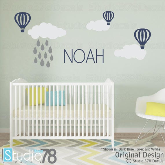 Personalized Cloud Raindrop Wall Decals - Hot Air Balloon Nursery Decor - image 1