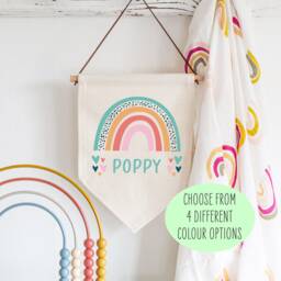 Personalised Linen Flag Pennant - Custom Kids Name Birthday Gift For Boy Girl Son Daughter Bedroom New Baby Nursery Wall Art Decor