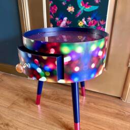 Vintage Christmas Lights Round Side Table , Multicoloured Pink, Blue & Green Design With Jewel Colours. Nightstand. Hanukkah End - thumbnail 3