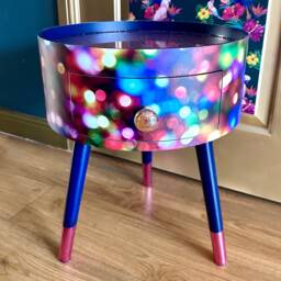 Vintage Christmas Lights Round Side Table , Multicoloured Pink, Blue & Green Design With Jewel Colours. Nightstand. Hanukkah End - thumbnail 1