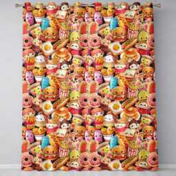 Cute Kawaii Fast Food Junk Snack Collage Seamless Pattern Black Background Readymade Eyelet Ring Top Thermal 100% Blackout Curtains - thumbnail 2