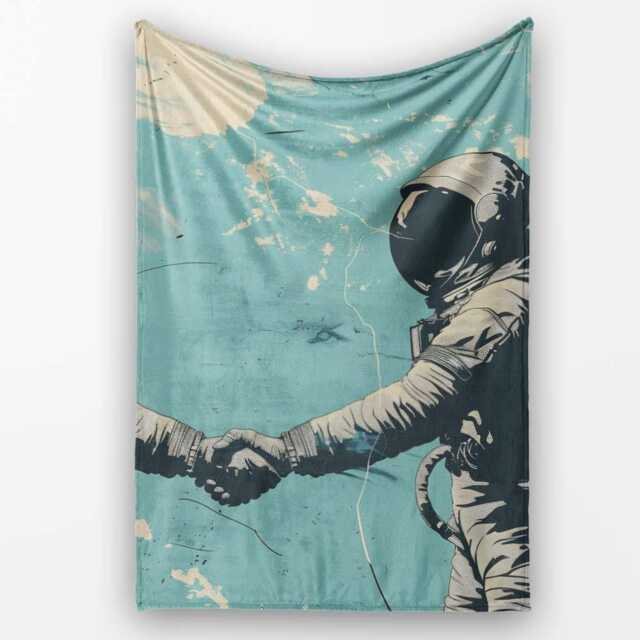 Turquoise Astronaut Handshake Space Exploration Art, All Season Comfort, Modern Interior Accent - Super Soft Fleece Blanket Bed Sofa Throw - image 1