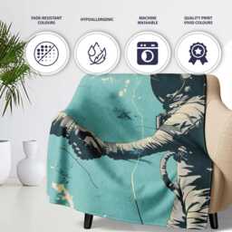 Turquoise Astronaut Handshake Space Exploration Art, All Season Comfort, Modern Interior Accent - Super Soft Fleece Blanket Bed Sofa Throw - thumbnail 2