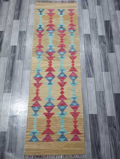 Minimalist Scandinavian Runner, Handmade Artisan Afghan Turkish Persian Swedish Style Flatweave Natural Wool Kilim Runner Rug 203x62 cm - image 1
