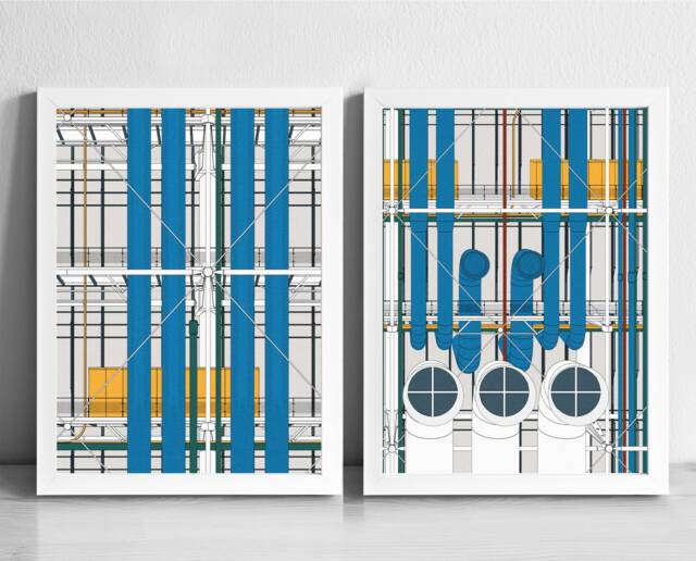 Centre Pompidou Art Print Set - France Modern Architecture Graphic Illustration Abstract Minimalist Beaubourg Gallery Wall - image 1