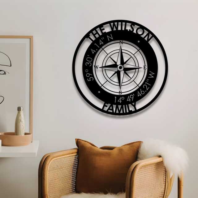 Personalized Compass Metal Sign Family Name Custom Coordinates Nautical Decor Patina Wall Art - image 1