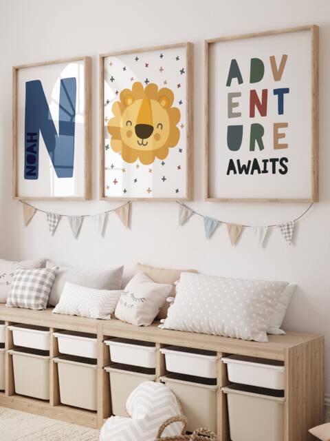 Set Of 3 Boys Nursery Prints, Name Print, Bedroom Decor, Wall Art, Adventure Awaits, Playroom Blue - image 1
