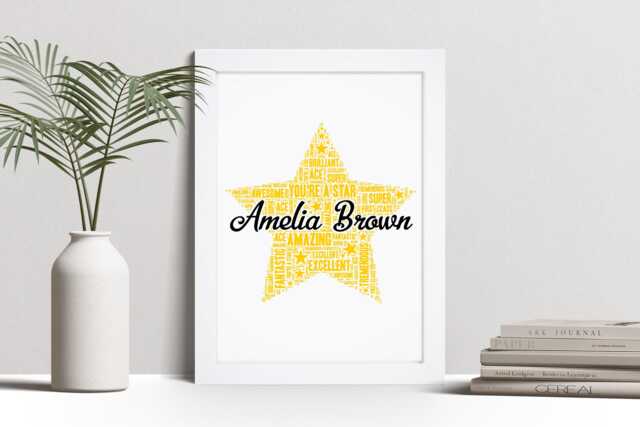 Personalised Star Word Art Print, Teacher Pupil Award Gift, Custom Wall Framed Picture, Present For Kids, Children Nl - image 1