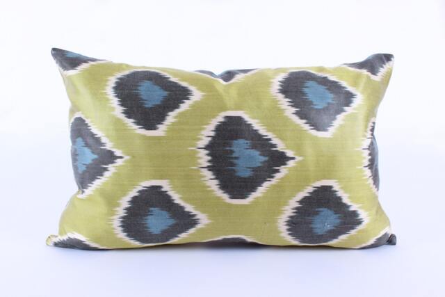 Ikat Silk Velvet Pillow 16x24 - Handmade Boho Cushion Cover Turkish Home Decor Accent - image 1