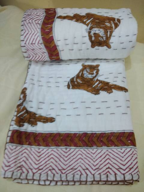 Handmade Cotton Kantha Baby Quilt Tiger Print Bedspread - 40x40/40x60 - image 1