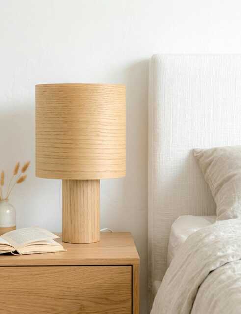 Mid Century Wood Bedside Lamp, Unique Table Light For Nightstand, Minimalist Desk Accent Reading Nightlight - image 1