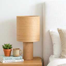 Mid Century Wood Bedside Lamp, Unique Table Light For Nightstand, Minimalist Desk Accent Reading Nightlight - thumbnail 3