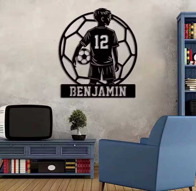 Personalised Soccer Boy Metal Sign - Custom Name & Number Football Wall Art Player Decor Kids Room Sports Bedroom Wa - image 1