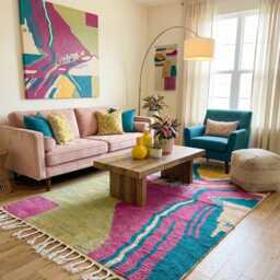 Electric Oasis Abstract Rug - Violet, Turquoise, Gold Wool - Custom Size - thumbnail 3