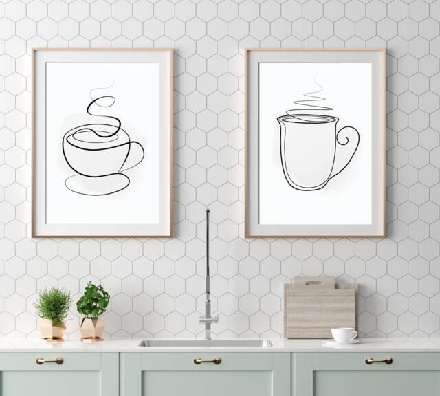 Kitchen Prints, Grey Wall Art, Minimalist Line Drawing, Abstract Coffee Mug, Tea Quote, Modern Decor - image 1