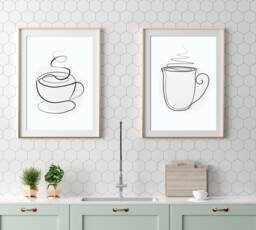 Kitchen Prints, Grey Wall Art, Minimalist Line Drawing, Abstract Coffee Mug, Tea Quote, Modern Decor - thumbnail 1