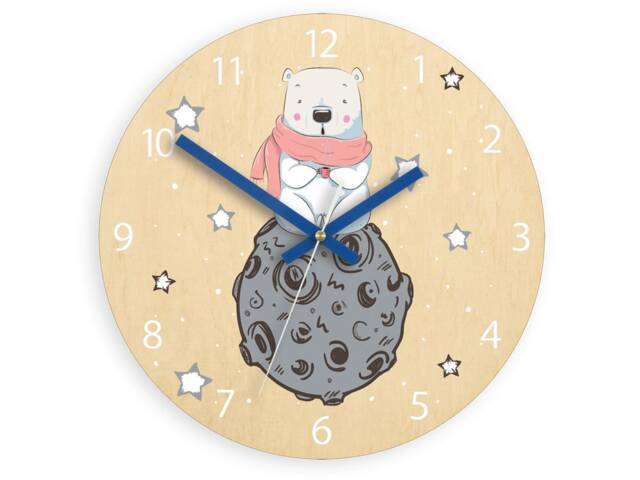 Nursery Wall Clock, Wood , Bear Illustrated Clock, Children - image 1