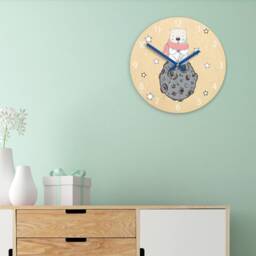 Nursery Wall Clock, Wood , Bear Illustrated Clock, Children - thumbnail 2