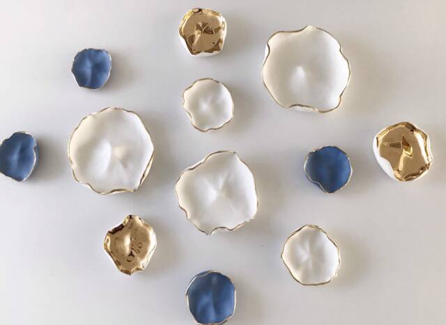 Porcelain Disc Wall Sculpture - Royal Blue, White, Gold Luster Ceramic Installation - image 1