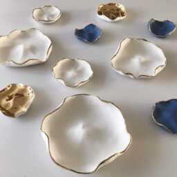 Porcelain Disc Wall Sculpture - Royal Blue, White, Gold Luster Ceramic Installation - thumbnail 3