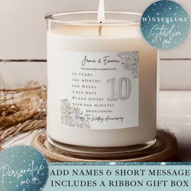 Personalised 10Th Wedding Anniversary Candle Gift Set, Tin Anniversary, Milestone Candle, Keepsake Mum & Dad - image 1